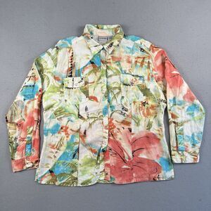 Chicos‎ Shirt Womens 3 Multicolor Linen Floral Collared Long Sleeve Snap Front